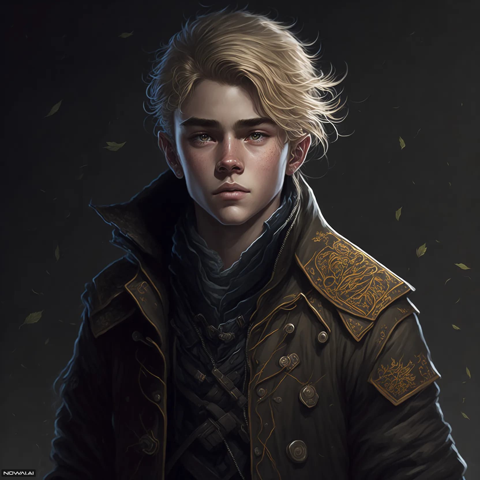 AI generated: Full height face Portrait of young boy, Cute art style, messy blonde hair, small eyebrows, portrait,...