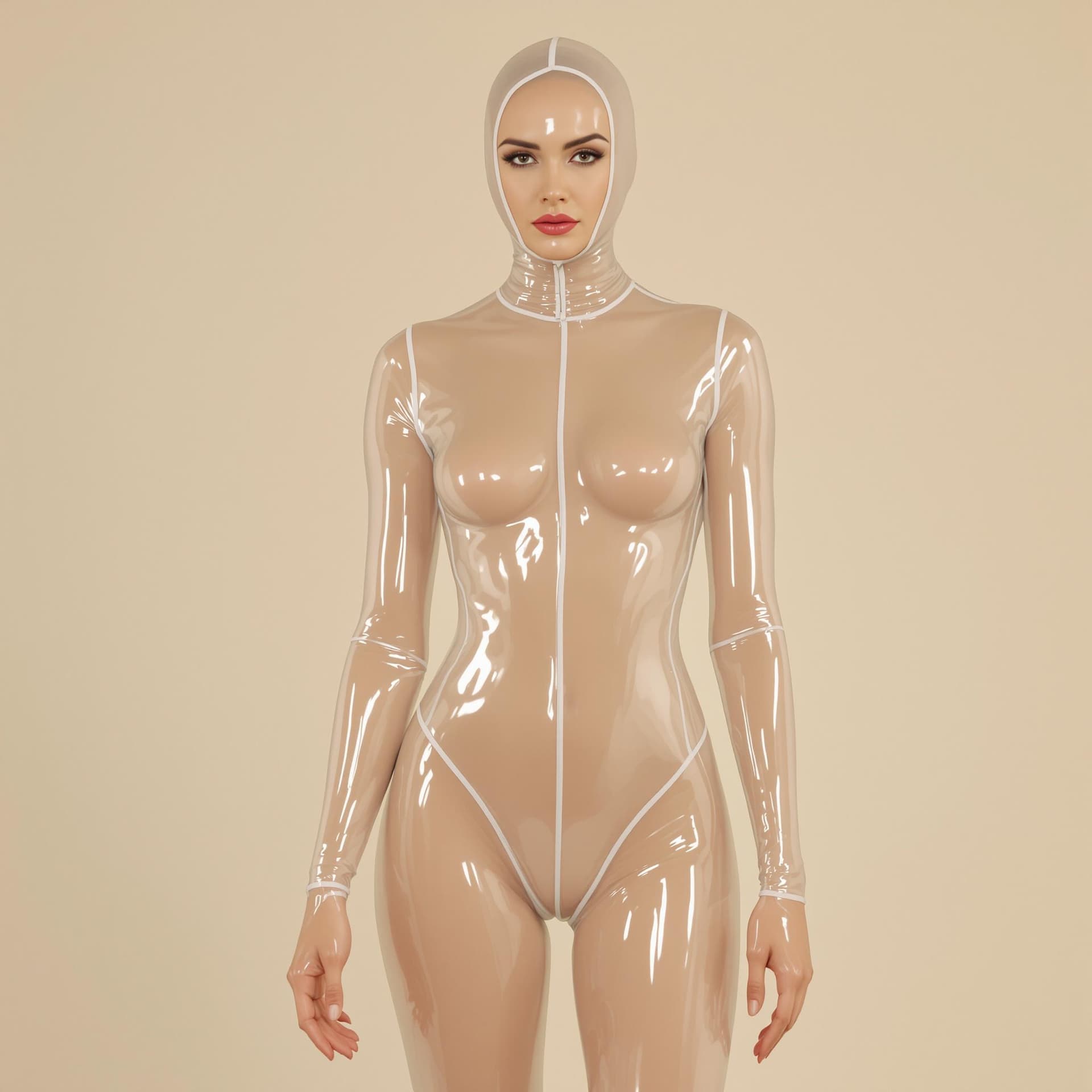AI generated: intimate model, in transparent latex catsuit, in a neutral background, full body