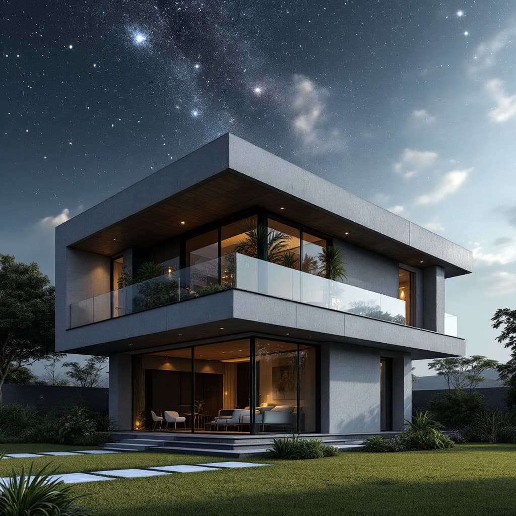 AI generated: Uma casa térrea moderna com aproximadamente 90 metros quadrados debaixo do céu estrelado, com um com...