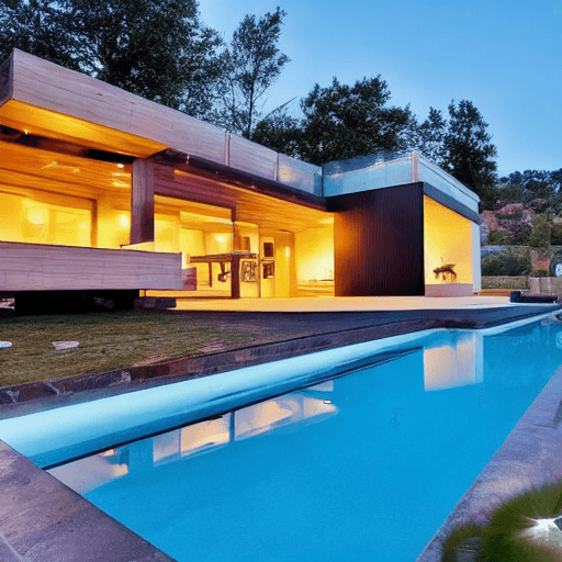 AI generated: classic design house, with pool, rocks --ar 16:9