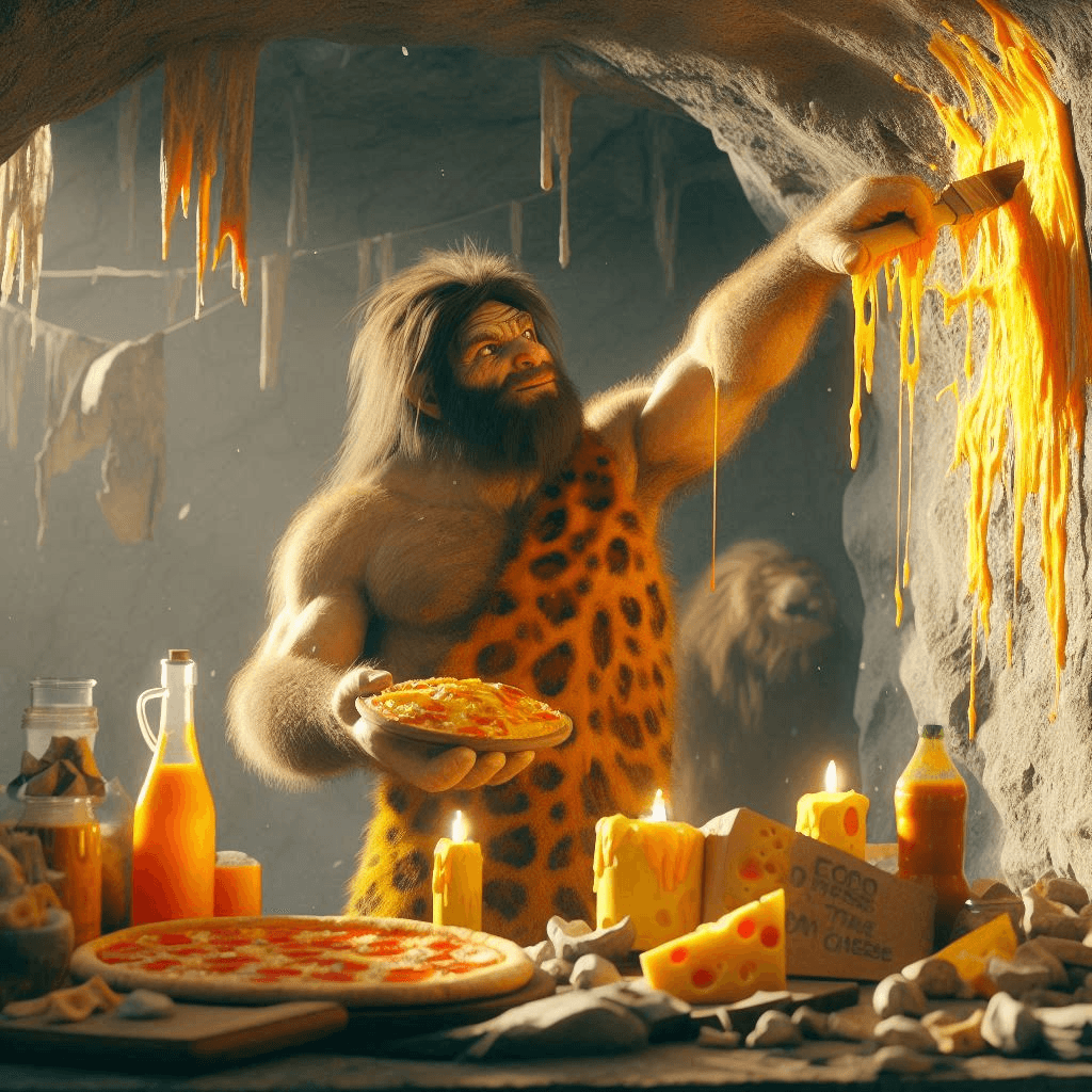 AI generated: Cinematic professional 3D animation of a caveman smearing cheese and pizza on the walls of a cave