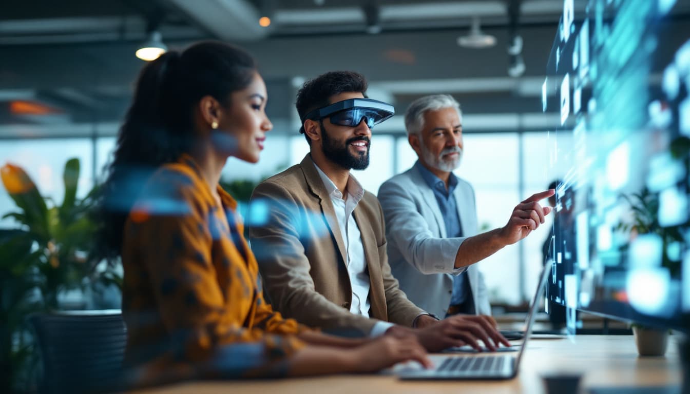 AI generated: /imagine prompt: Diverse professional team in modern office, 35-year-old Indian woman presenting on ...