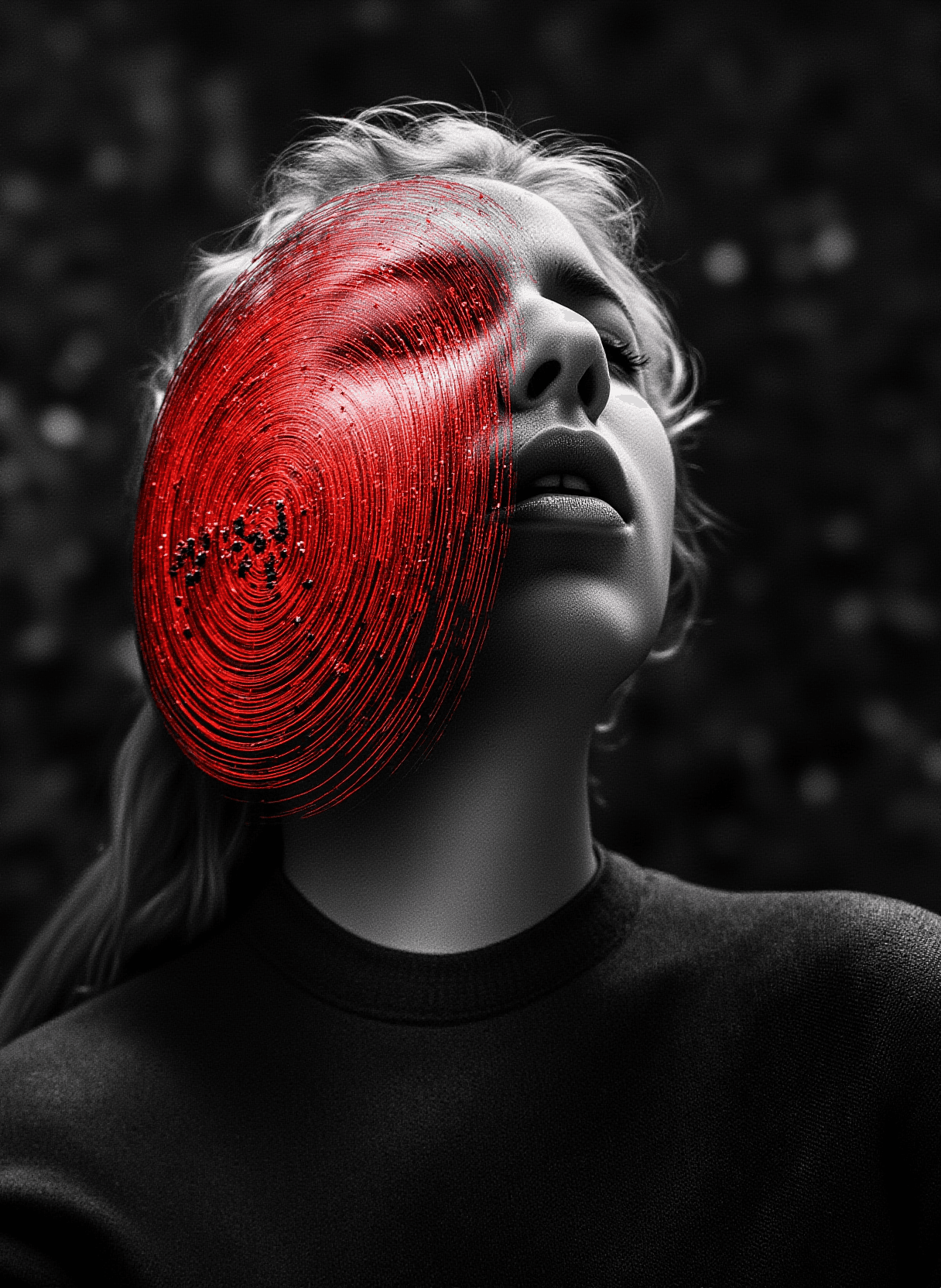 AI generated: A 70mm photograph of a ginger woman with a maze on her head, a pathway coming out of her mouth, atmo...