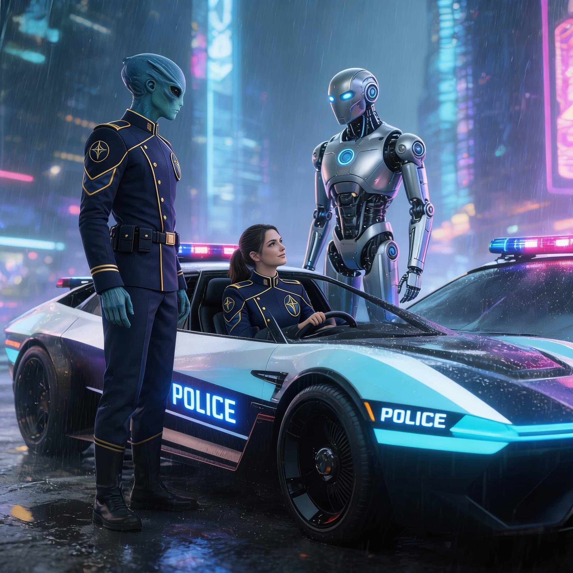 AI generated: Create a Sci-Fi image of the Alien and robot in. Reference image 1. 
Standing outside their Police c...