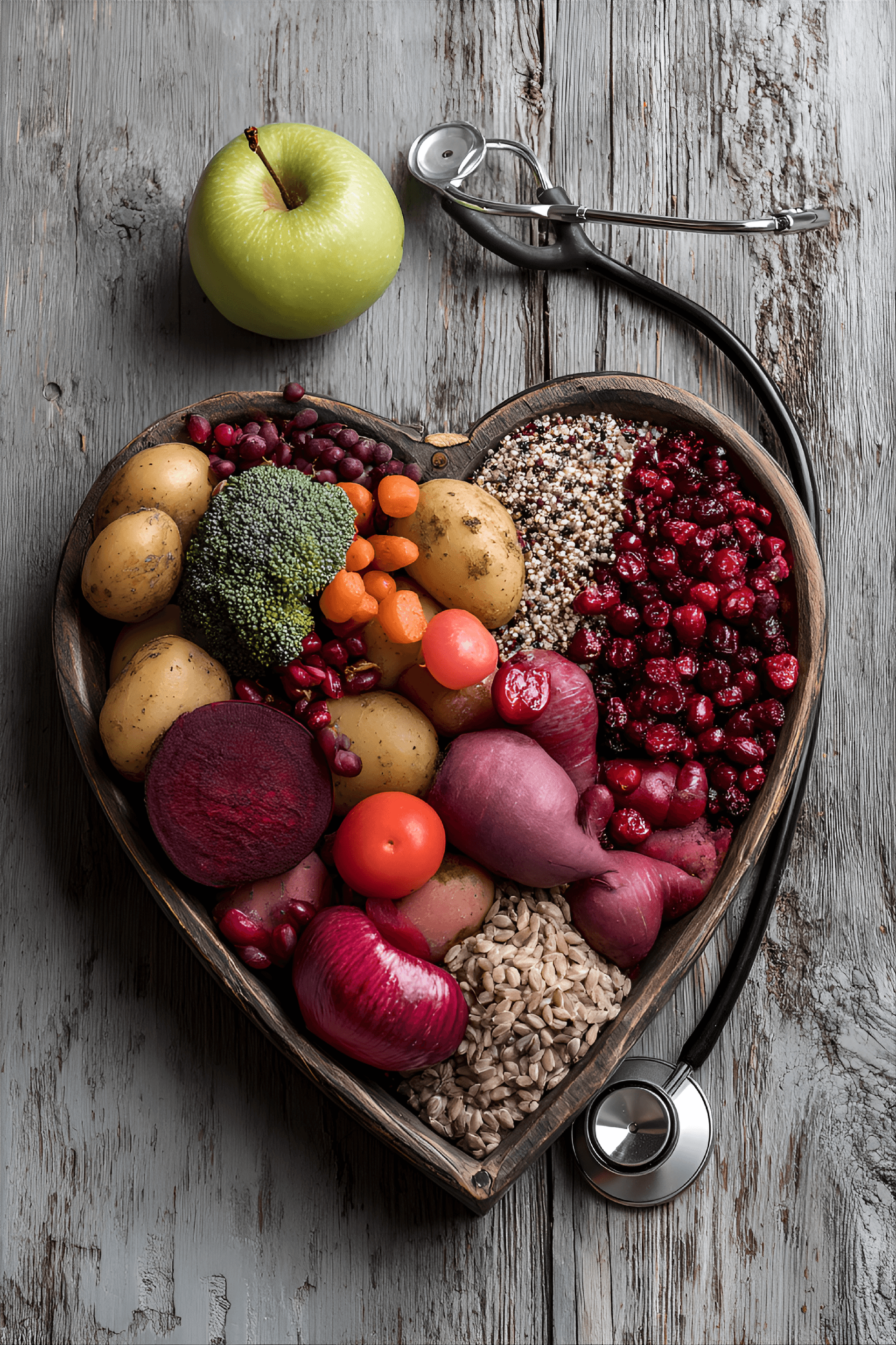 AI generated: heart-shaped wooden bowl filled with various fruits and vegetables sits on a weathered wooden table....