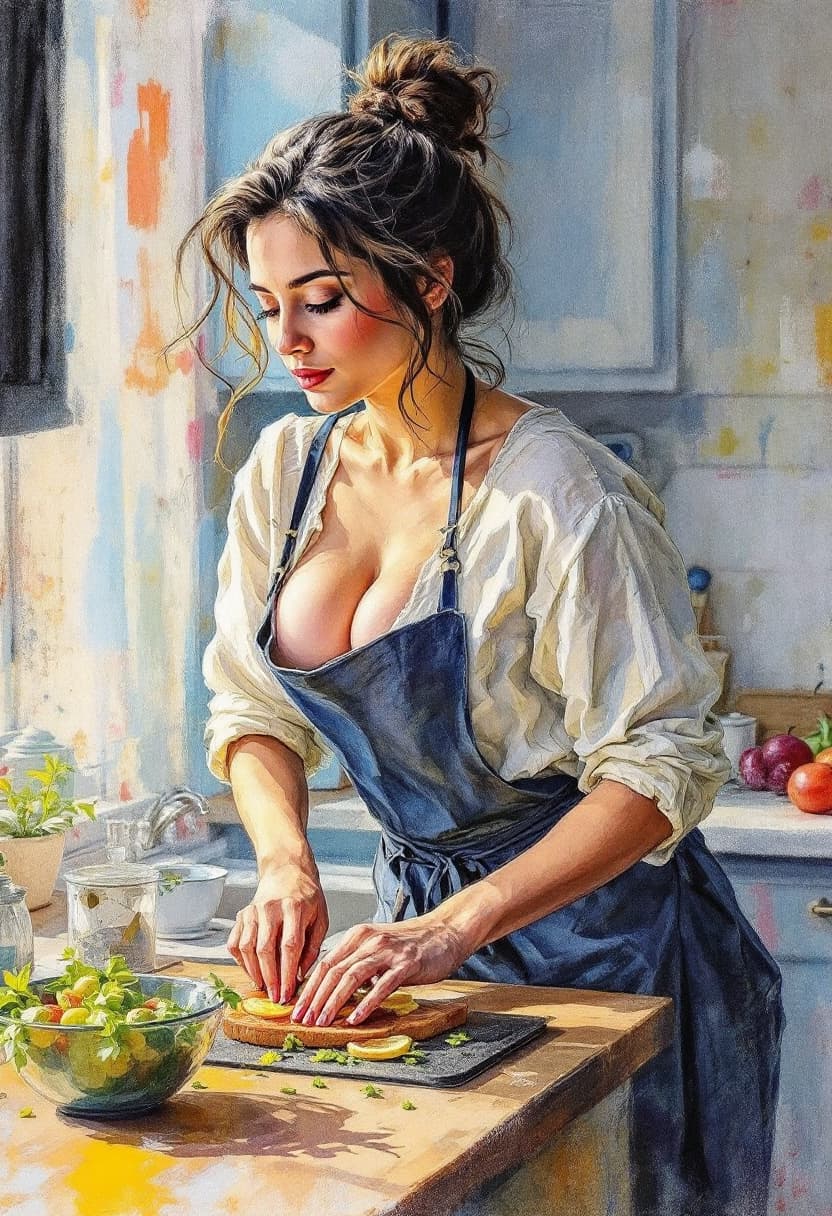AI generated: Sketch Art, Beautiful Colored Pencil Line, Artistic Brush Strokes, Beautiful, Housewife, Kitchen, Co...