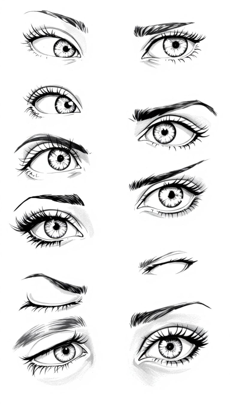 AI generated: Drawing of different sets of eyes from various angles
