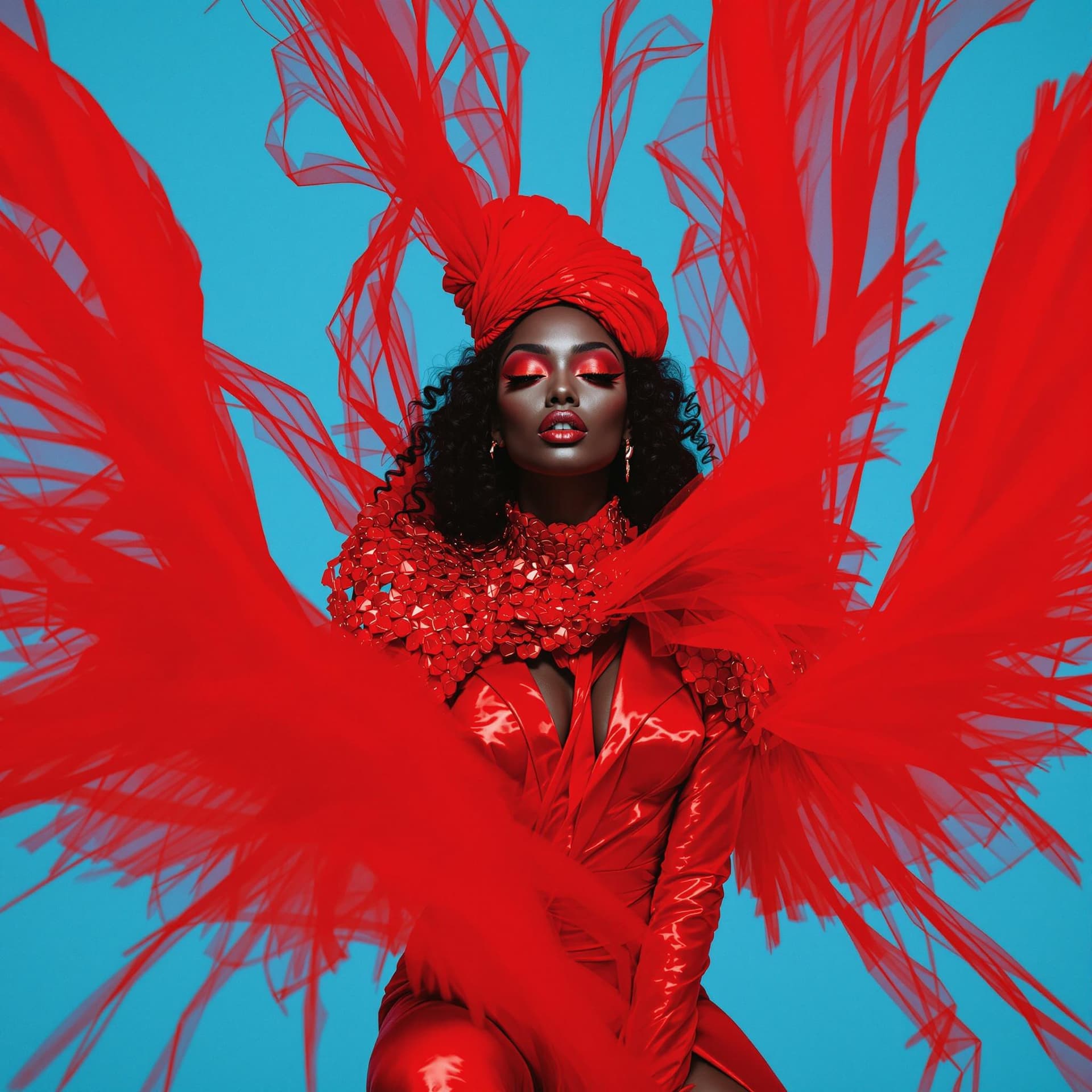 AI generated: Donyale luna, avant-garde, simplygo, photoshoot spread, dressed in all red, blue background, harpers...
