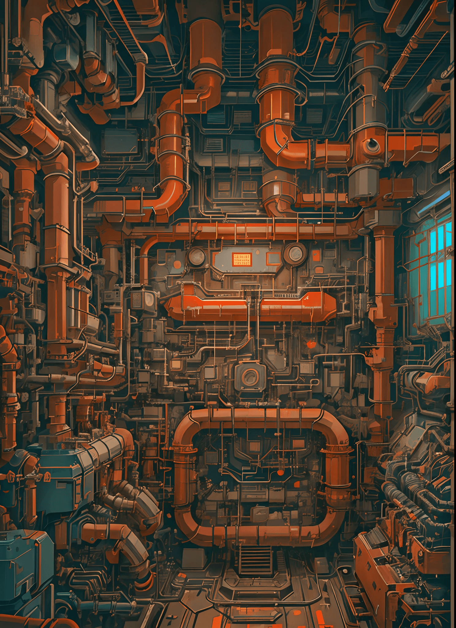 AI generated: masterpiece, concept art, medium shot, centered, a room filled with lots of pipes and valves, cyberp...