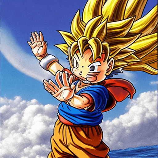 AI generated: Toriyama Akira's comic IP Goku, with white angel wings behind him and an angel ring on his head, wav...