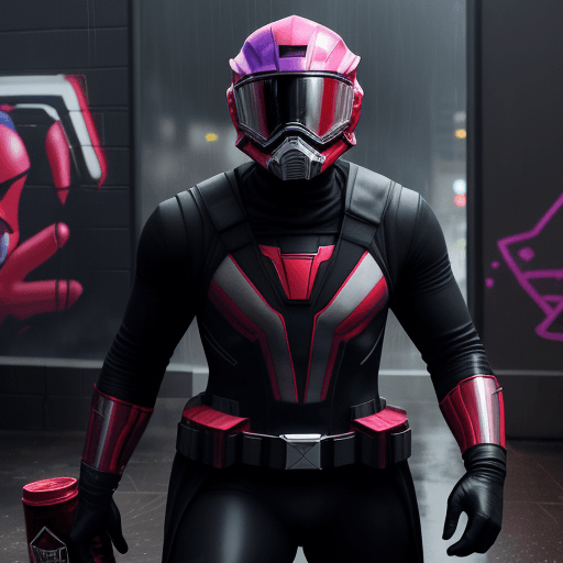 AI generated: JOHN BOYEGA IN A BLACK SPANDEX SUIT, WITH PURPLE GLOVES AND BOOTS ,  AND RED RANGER HELMET CAP HOLDI...