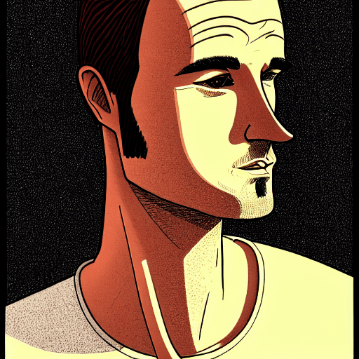 AI generated: young man with long face, with clean shaven short beard, with dark hair, without hat, without glasse...