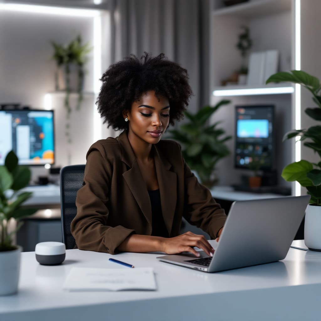 AI generated: A stunning dark-skinned Nigerian woman with natural hair, dressed in smart-casual tech attire, worki...