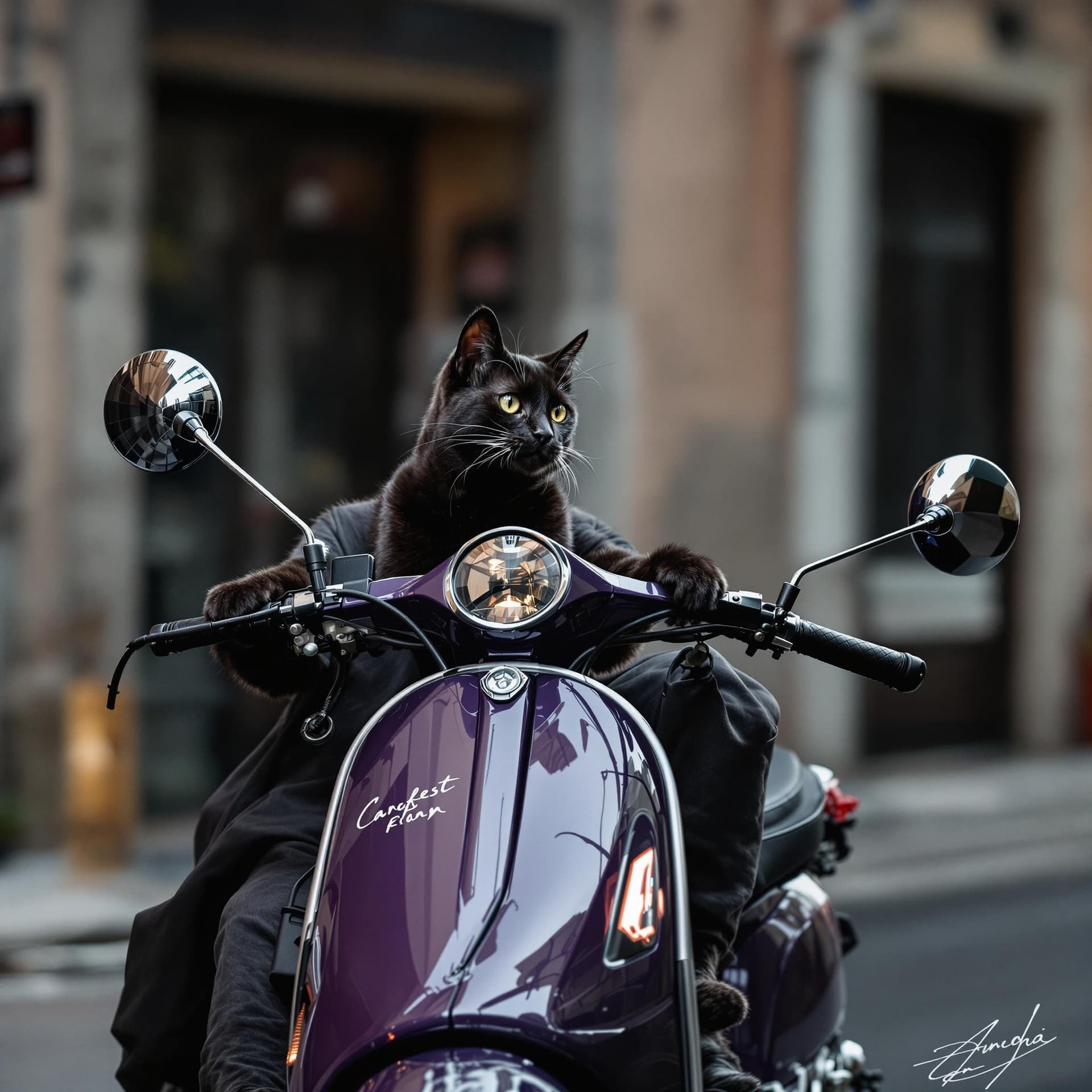 AI generated: A black cat driving a dark purple scooter in Italy
