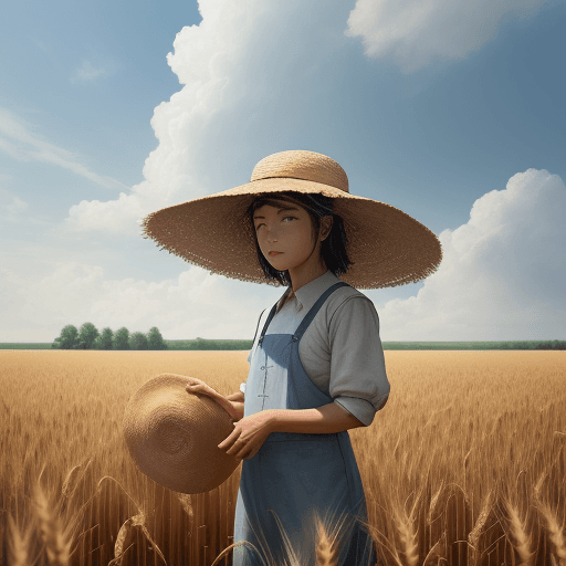 AI generated: Wheat field, a farmer uncle with a straw hat standing in a wheat field, big clouds, blue sky, rice f...