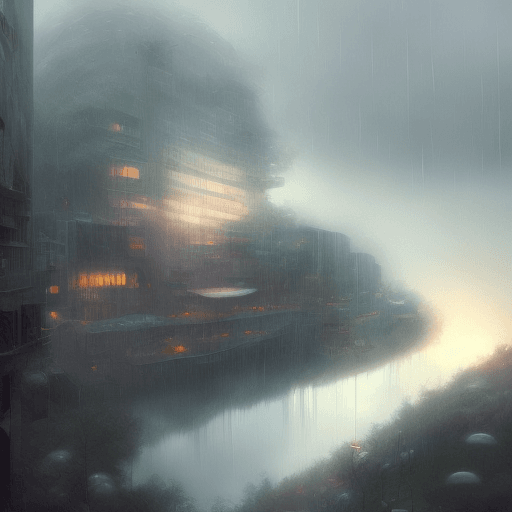 AI generated: foggy surroundings, glowing atmospheres, lightly falling rain and water mist, artwork of Artgerm, Jo...