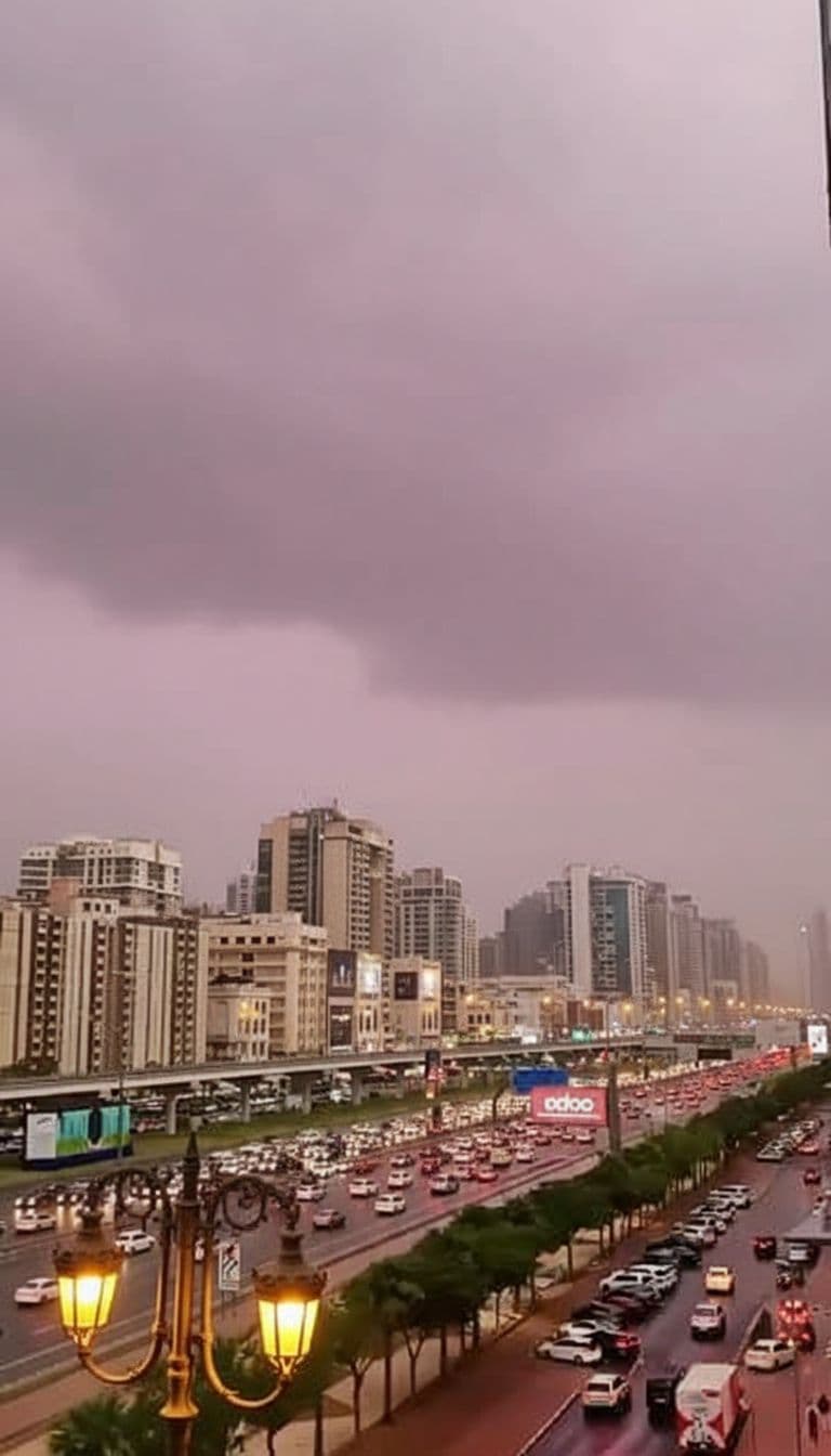 AI generated: غيوم في مدينة نامية مكتضة بسارات حضارية وانارات قديمة