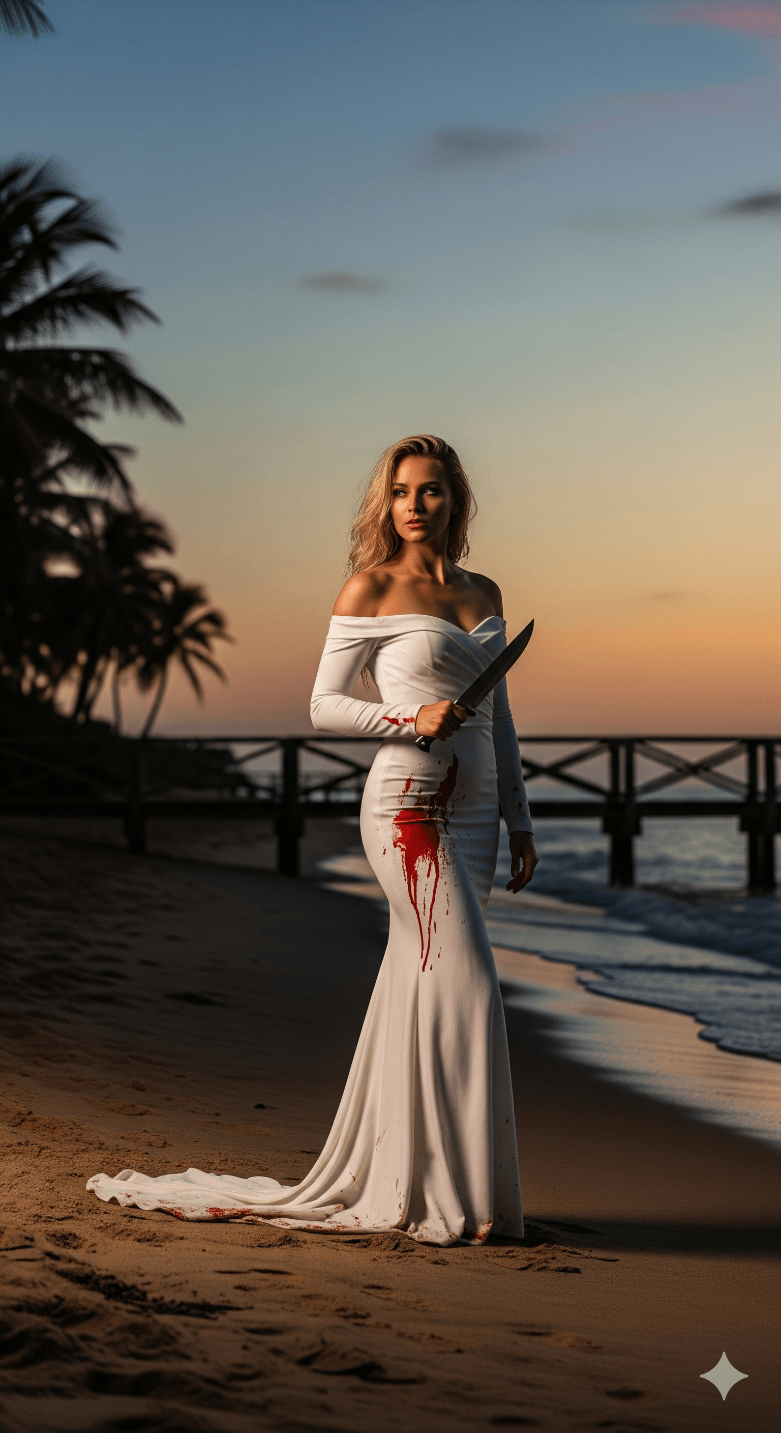 AI generated: 9:16 A stunning blonde woman in a form-fitting, off-the-shoulder white gown with blood stains, stand...