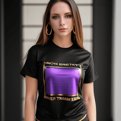 AI generated: a female glam model wearing a black and purple tshirt with gold metal trim tshirt that says, "Projec...