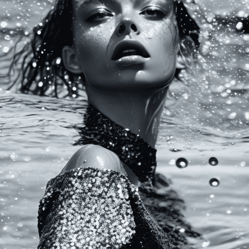 AI generated:  a black and white photo of a woman in the water, mert and marcus, drops, kristine froseth, carola r...