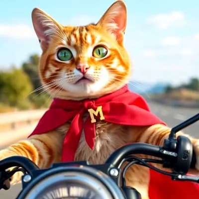 AI generated video: Cat riding motorcycle on a highway road, camera follow cat with zoom out motion 