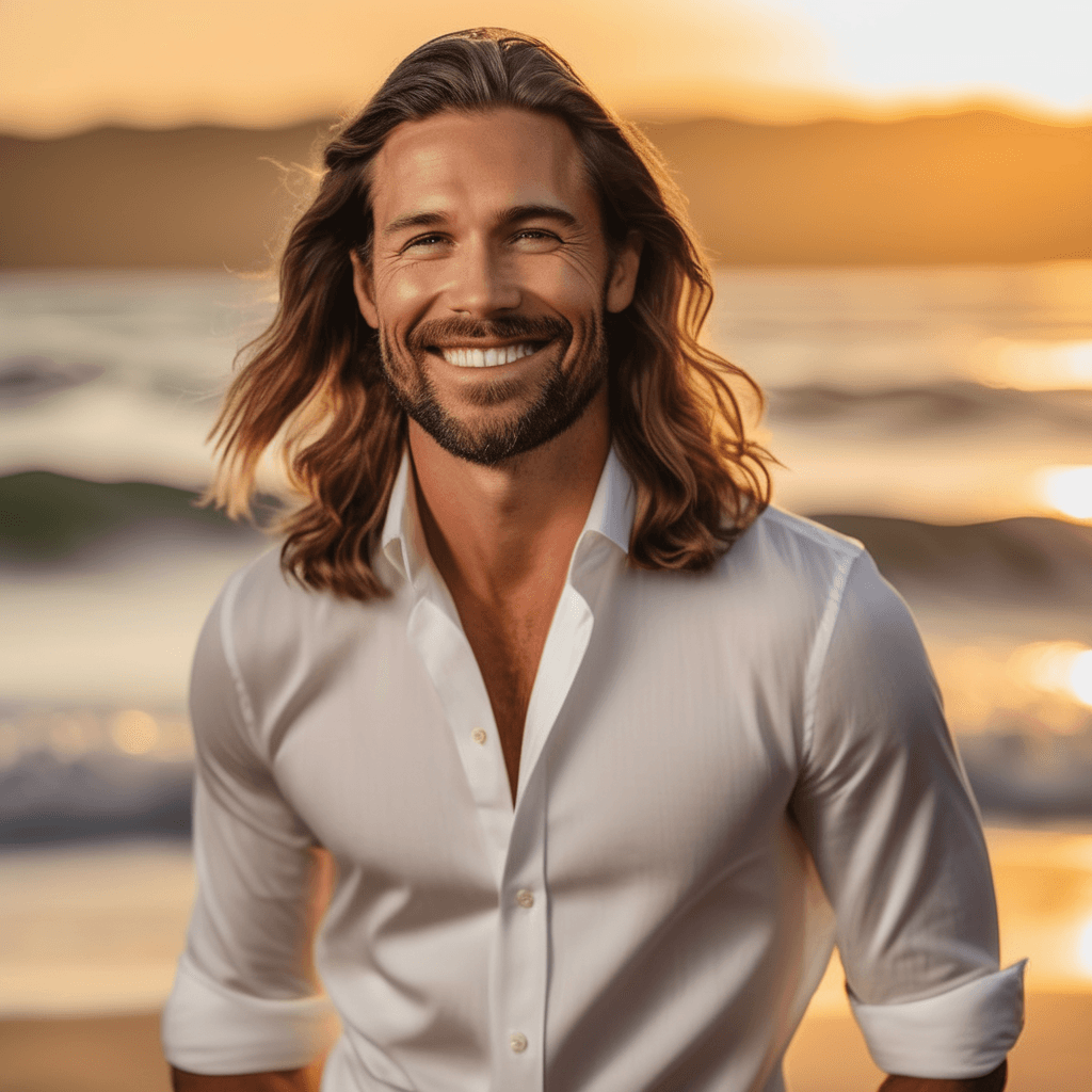 AI generated: A timeless 35-year-old long hair man with chiseled features and a captivating smile poses against a ...