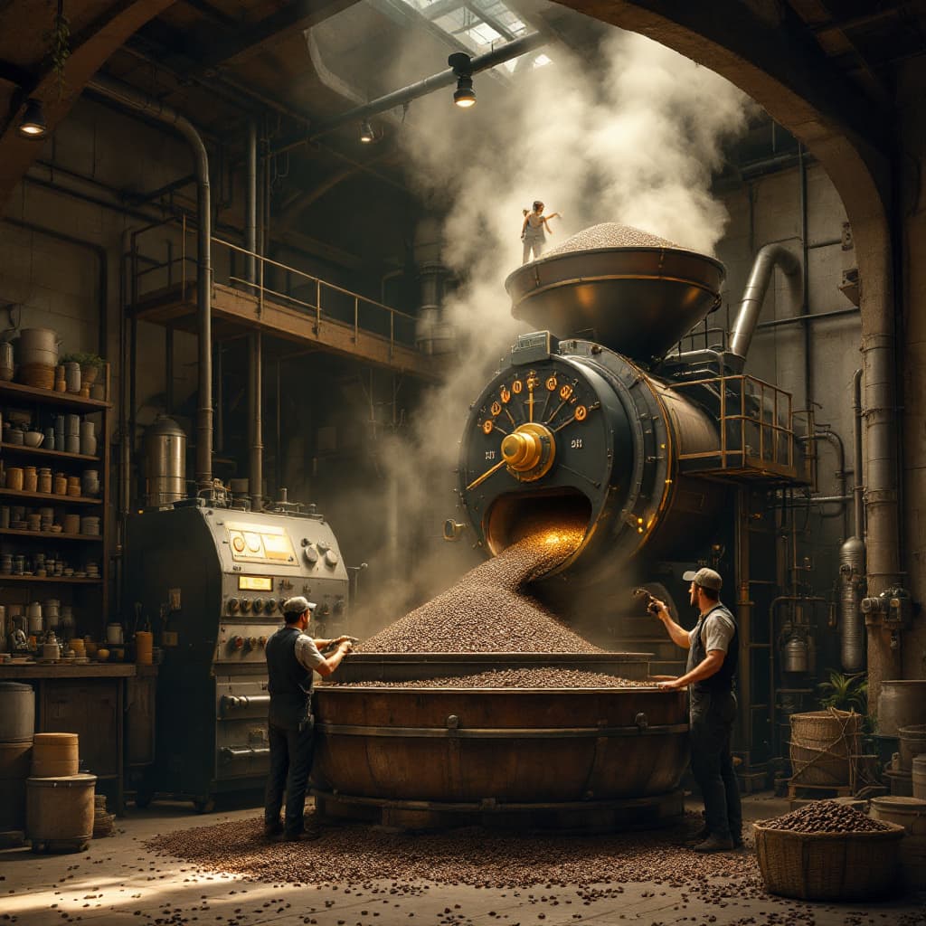 AI generated: In a remote corner of the café, a monstrous coffee roaster rumbles to life. The sound of heavy machi...