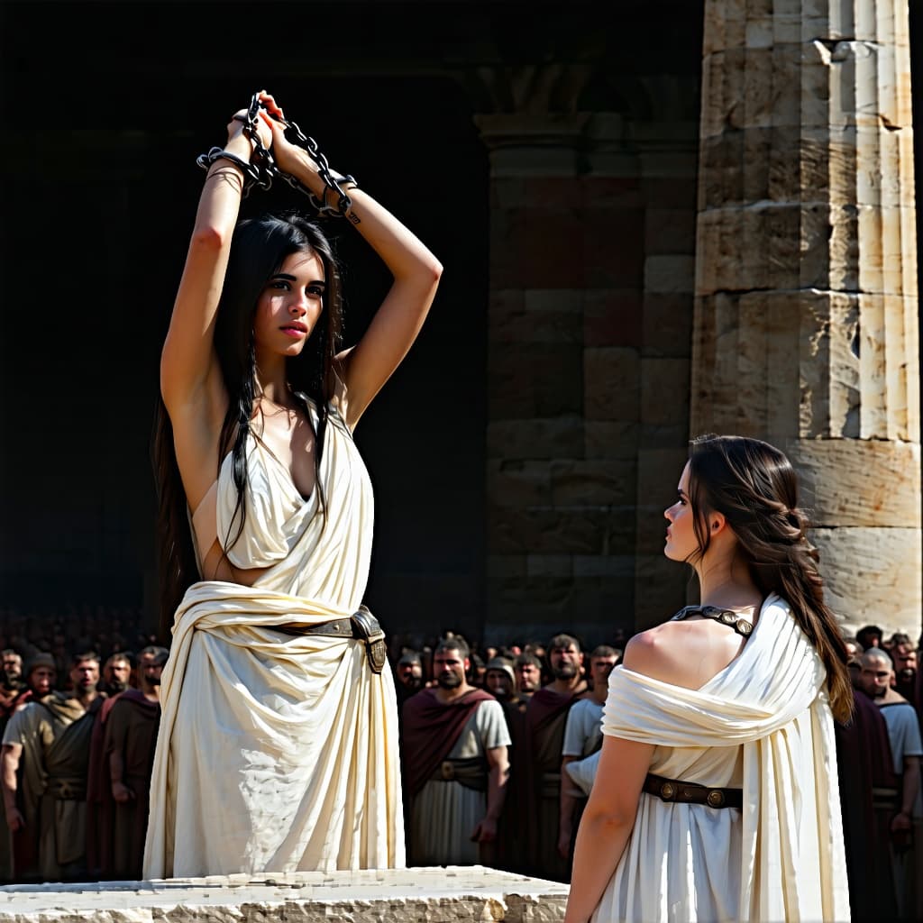 AI generated: hyper realistic photograph of an woman  standing nude on a stone slave market platform, arms raised ...