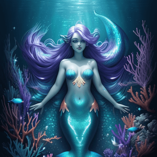 AI generated: underwater, a beautiful glowing mermaid in the deep sea, glowing, magnificent, long purple to blue h...