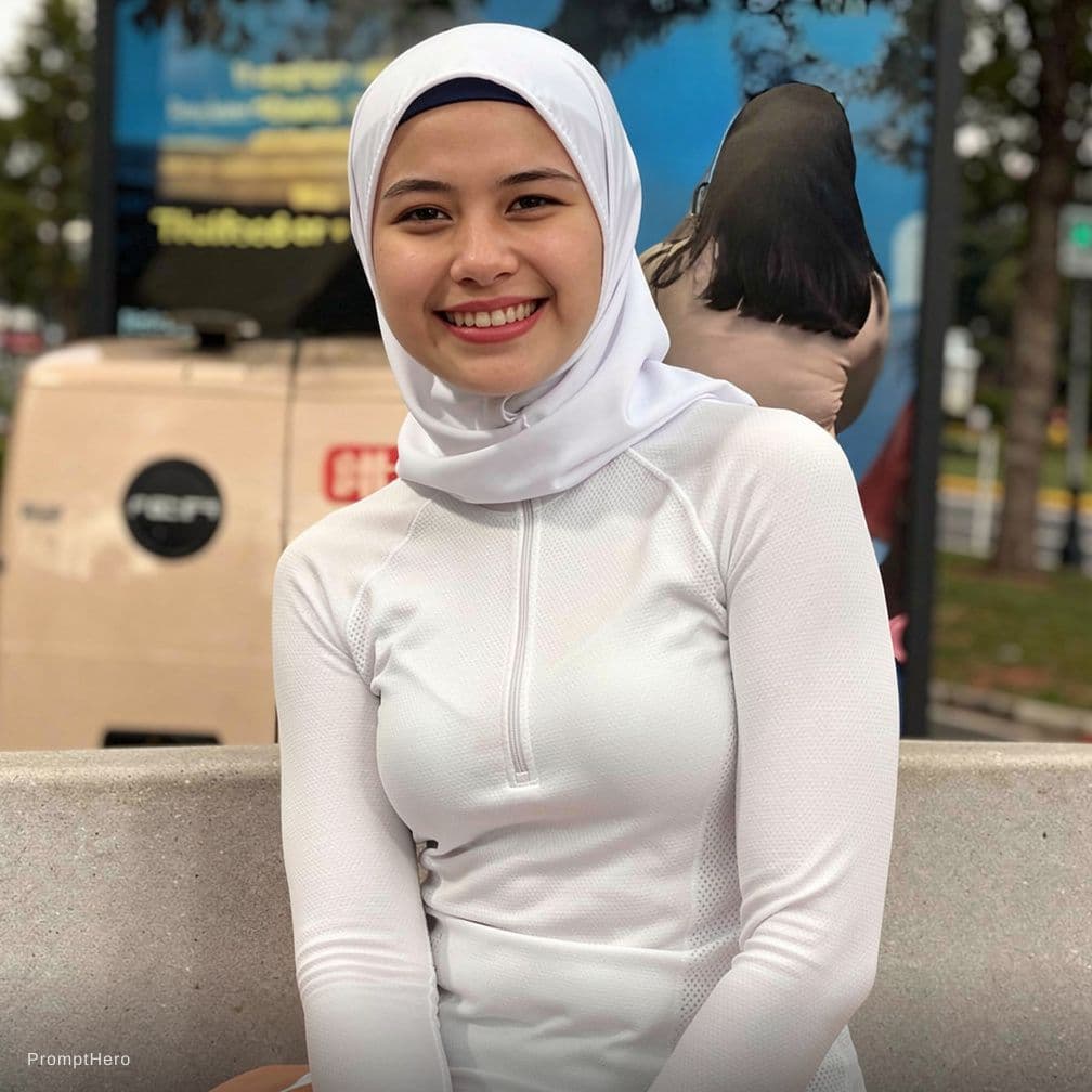 AI generated: change her clothes to sport bra and white sport hijab