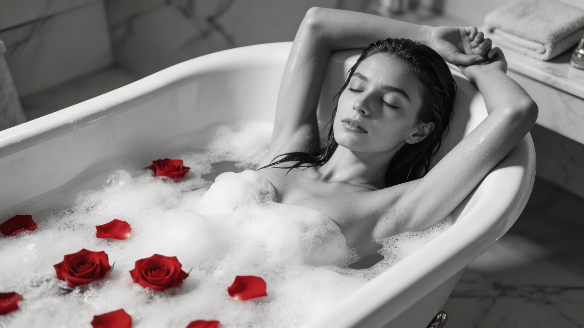 AI generated: A an extremely detailed, high-resolution, realistic, black and white photograph of a woman reclining...