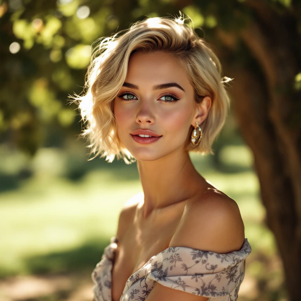 AI generated: photograph of a 18 year old fit woman with her short blonde hair, wearing a form-fitting off-the-sho...