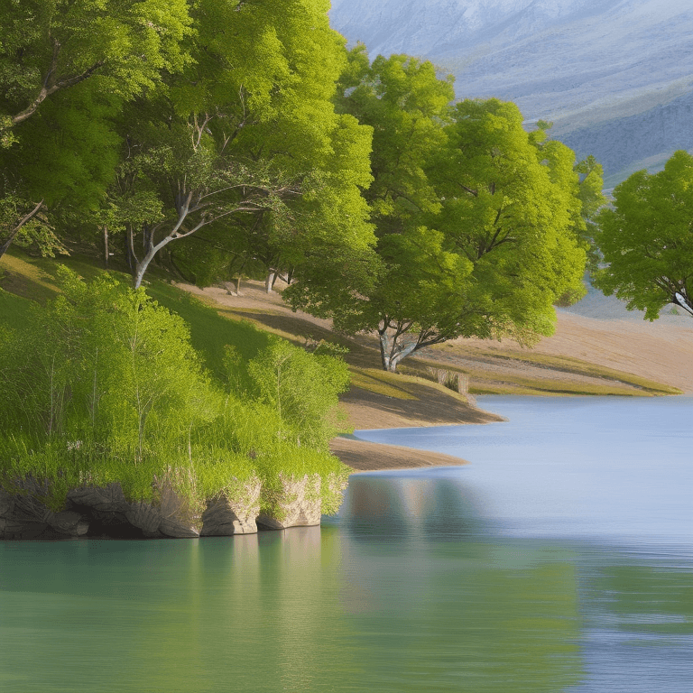 AI generated: photorealistic oil on canvas, 
trees by a river and hill,
beautiful setting, spring
Foreground,
unre...