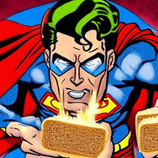 AI generated: superman with laser coming out of his eyes burning a toast bread