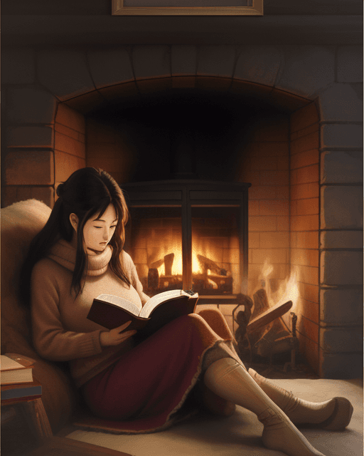 AI generated: <lora:puuung:1> puuung, woman reading a book, cozy fireplace