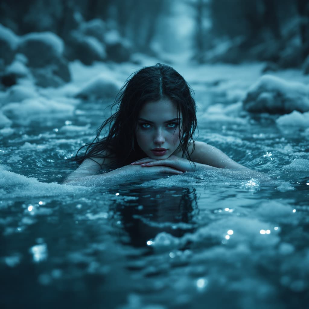 AI generated: Young beautiful lady trapped inside a frozen lake, mystery, dark, surreal, dream, dramatic lighting,...