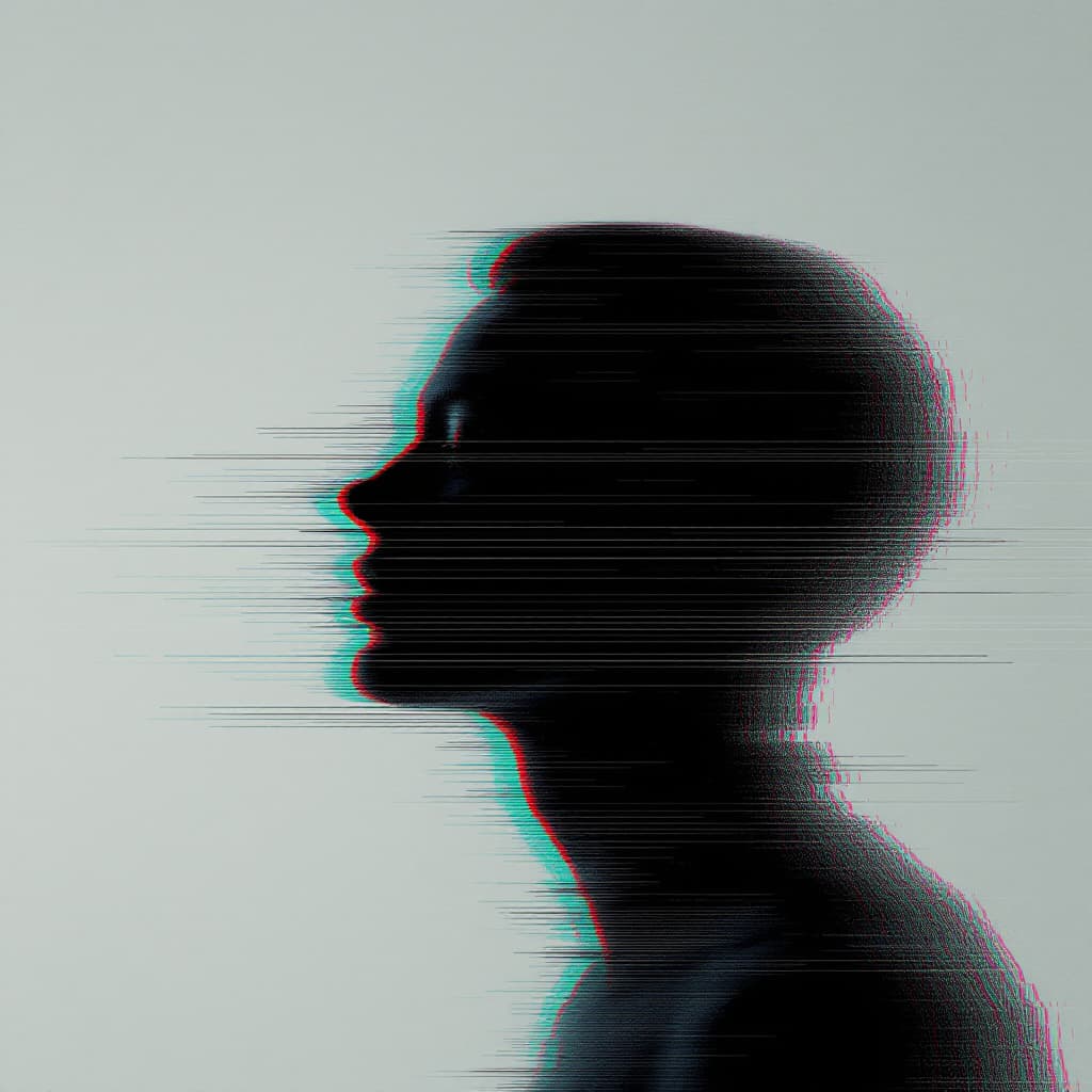 AI generated: glitch art with linear distortion, horizontal scan lines and digital interference, vertical portrait...