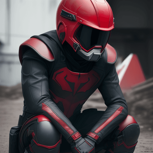 AI generated: a young, clothes: red helmet, red black hero suit, gloves black, boots black. 4k