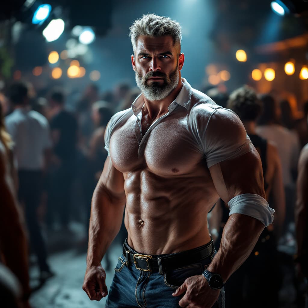 AI generated: high-resolution photo of extremely muscular middle aged man, with pretty face, with salt and pepper ...