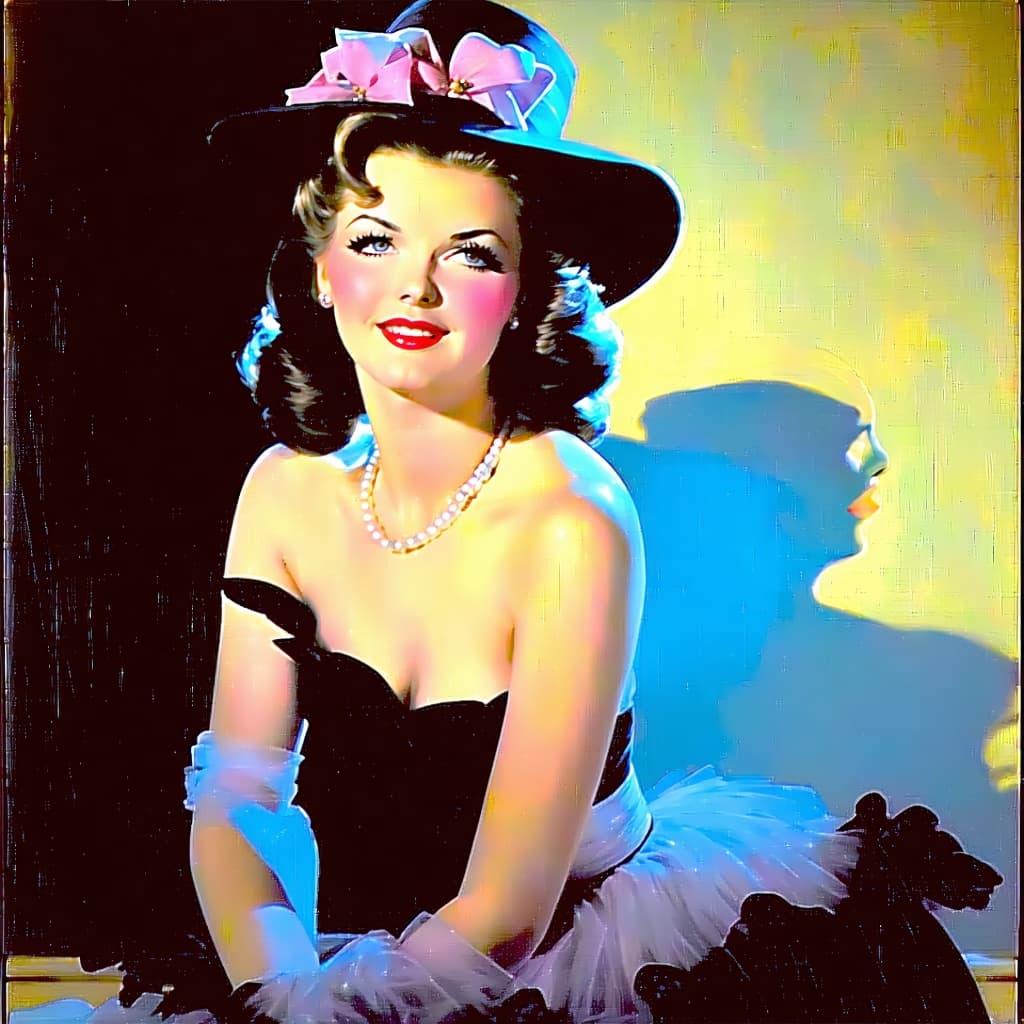 AI generated: {
  "style": {
    "artist_reference": "Rolf Armstrong pin-up pastel style, Gil Elvgren soft tones...