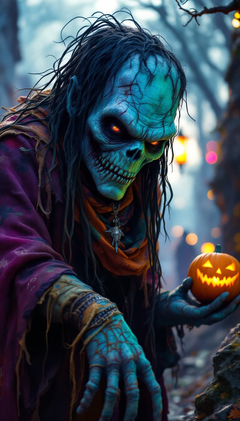 AI generated: Frankenstien's monster going trick-or-treating dressed as a 1960's hippie. epic Fantasy-art. horrorc...