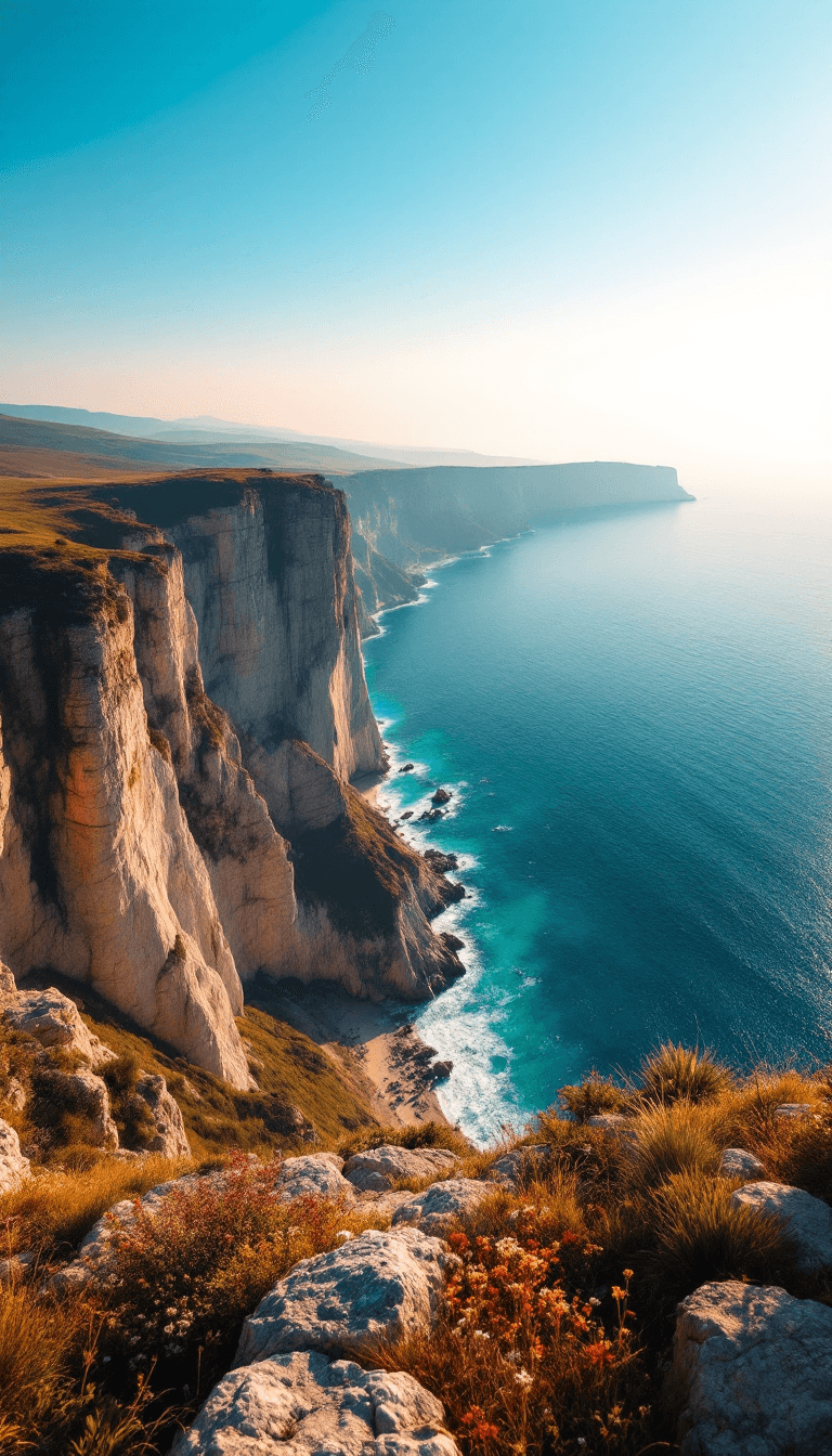 AI generated: A breathtaking aerial view of the Crimean coastline: towering limestone cliffs rising dramatically a...