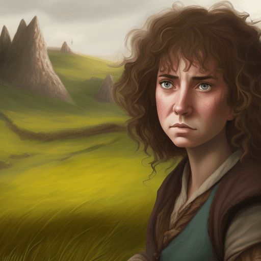AI generated: female hobbit art character with curly brown messy hair, a detailed painting wide angle, serious fac...