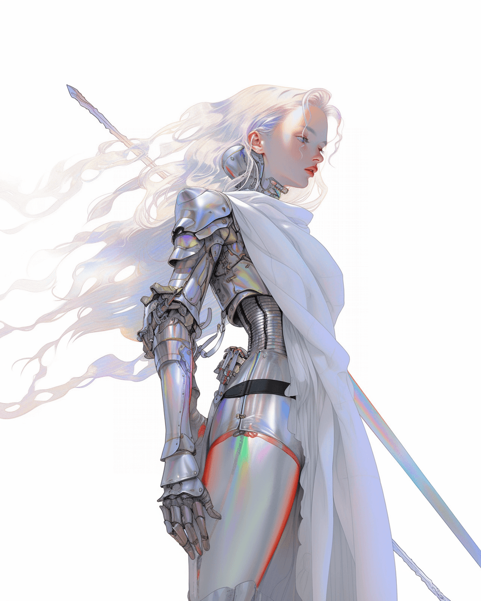 AI generated: a 1980s japanese anime illustration of futuristic female version of Joan of Arc, in the style of tec...