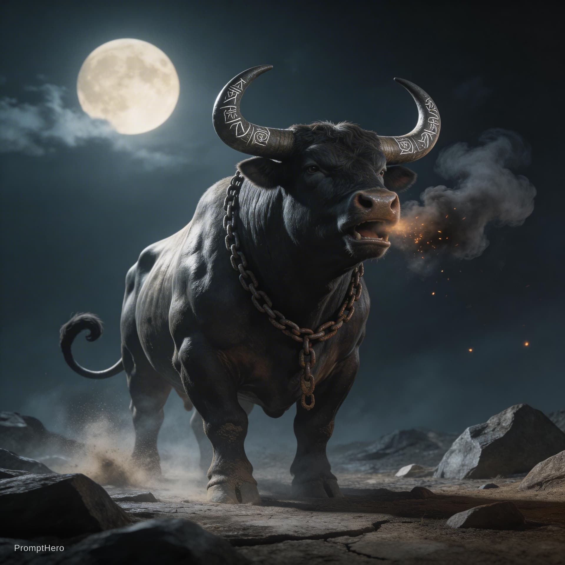 AI generated: A fantastic, dark, and evocative photograph of a monumental bull. The enormous creature stands tall ...