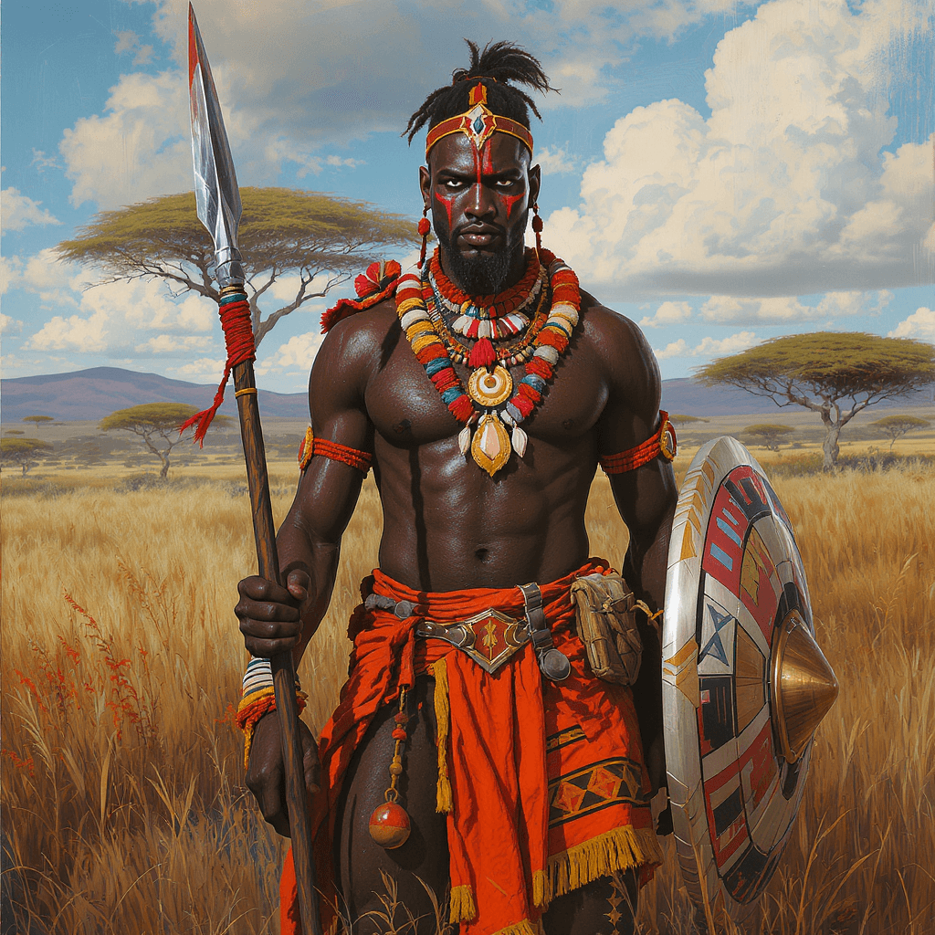 AI generated: A stoic Zulu warrior stands in a clearing, spear and shield in hand, adorned with traditional cultur...