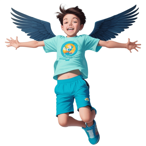 AI generated: FLY for Kids logo with a boy jumping, hands as wings, turquoise shorts