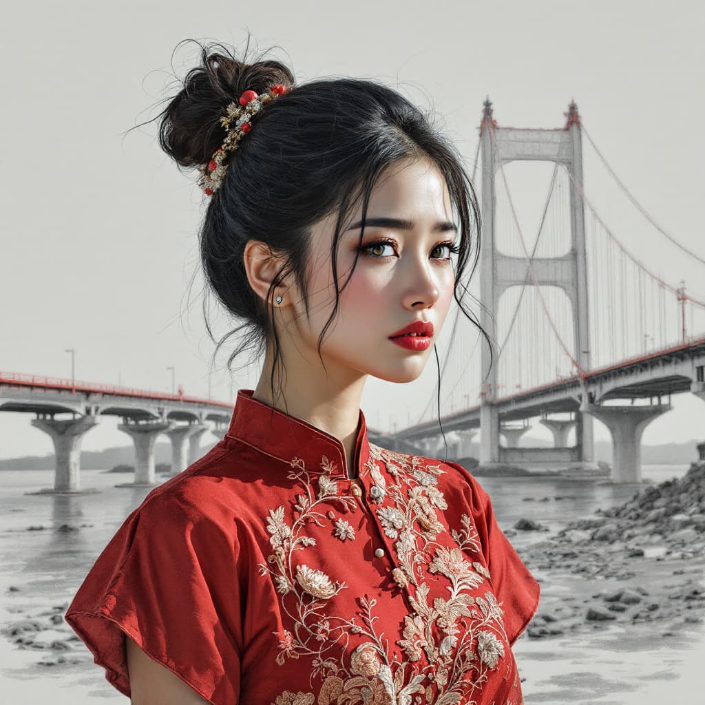 AI generated: Photo of a beautiful 20 year old Asian woman with her hair in a bun wearing a traditional red Indone...