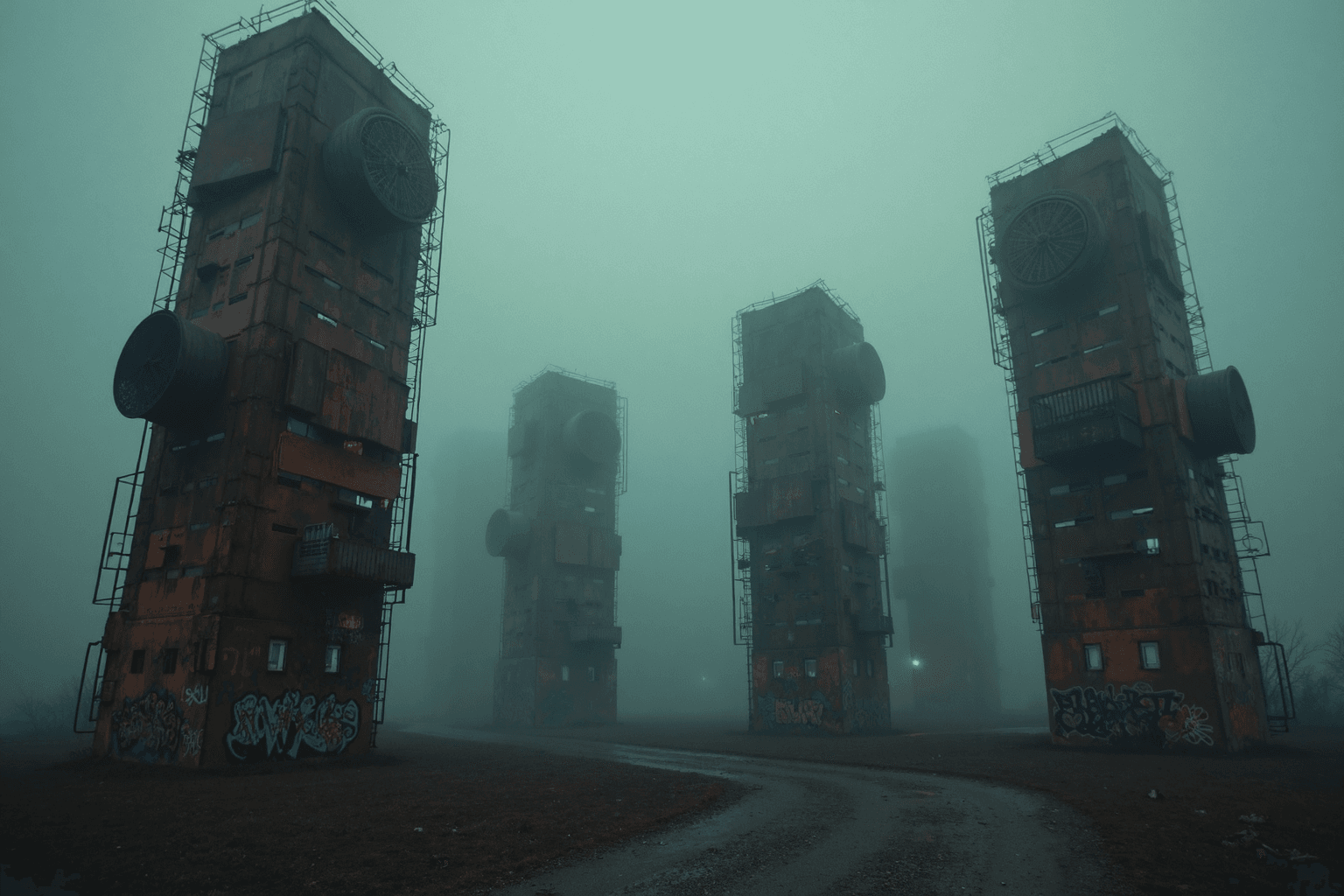AI generated: A series of rusty, decrepit high-rises protrude from a dense fog, their twisted forms stretching int...