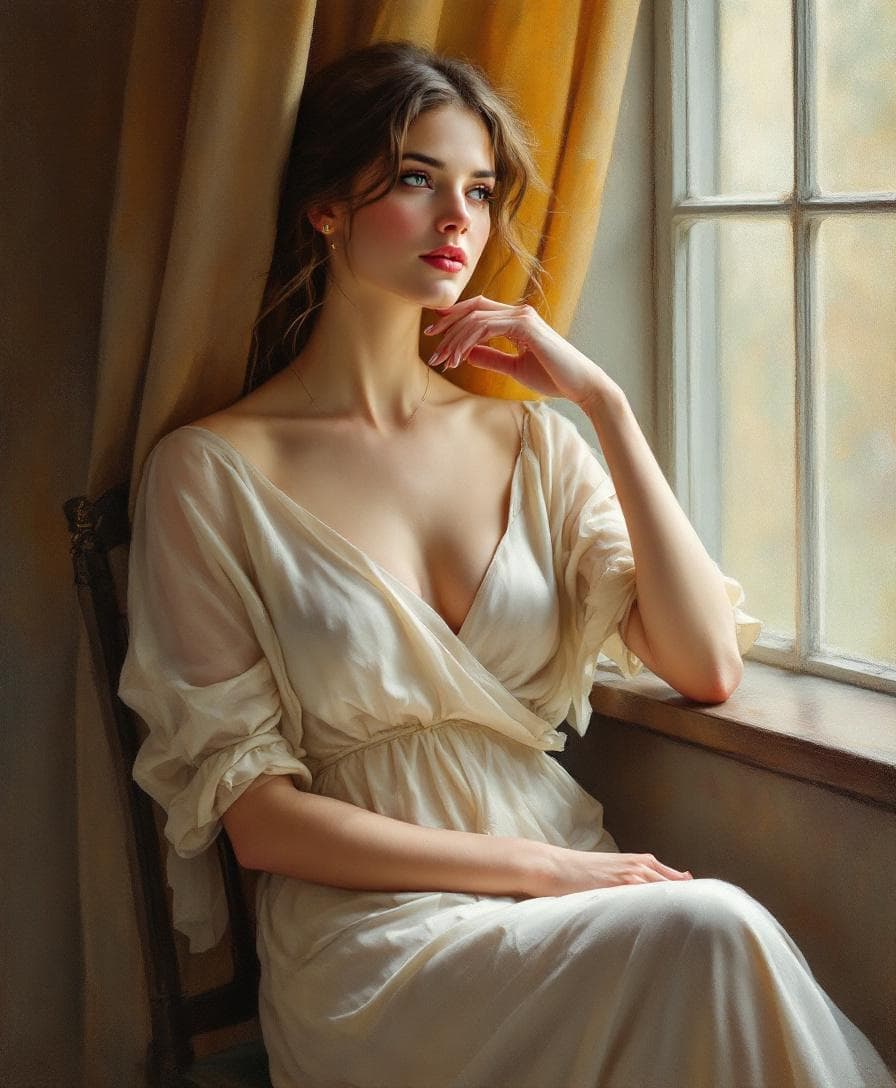 AI generated: A portrait of a woman seated gracefully by a tall window, her posture elegant yet relaxed. She wears...